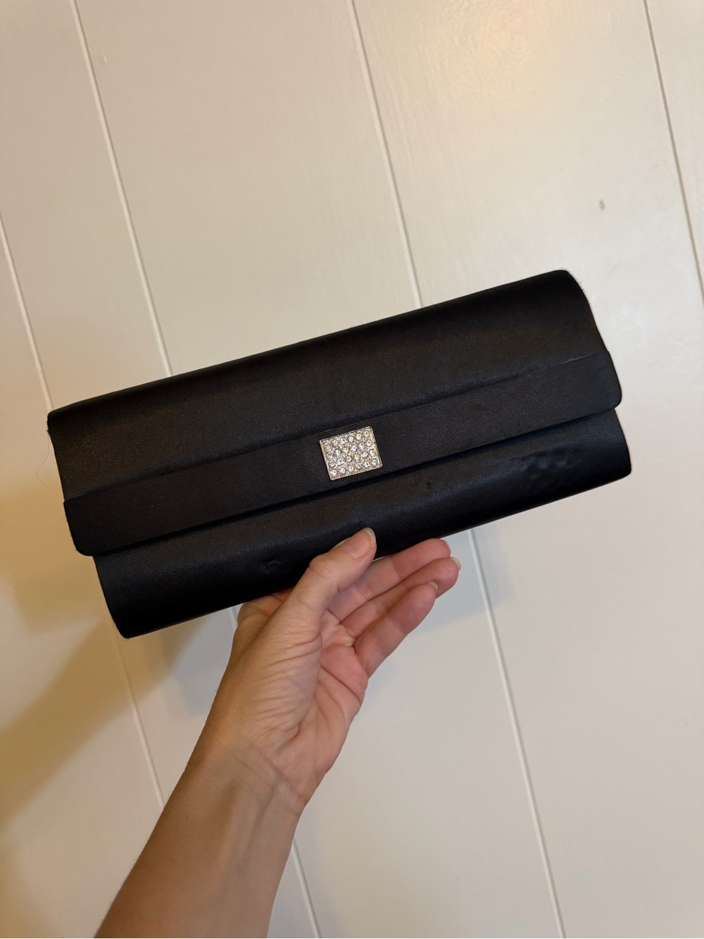 Black Satin Clutch with Rhinestone Accent